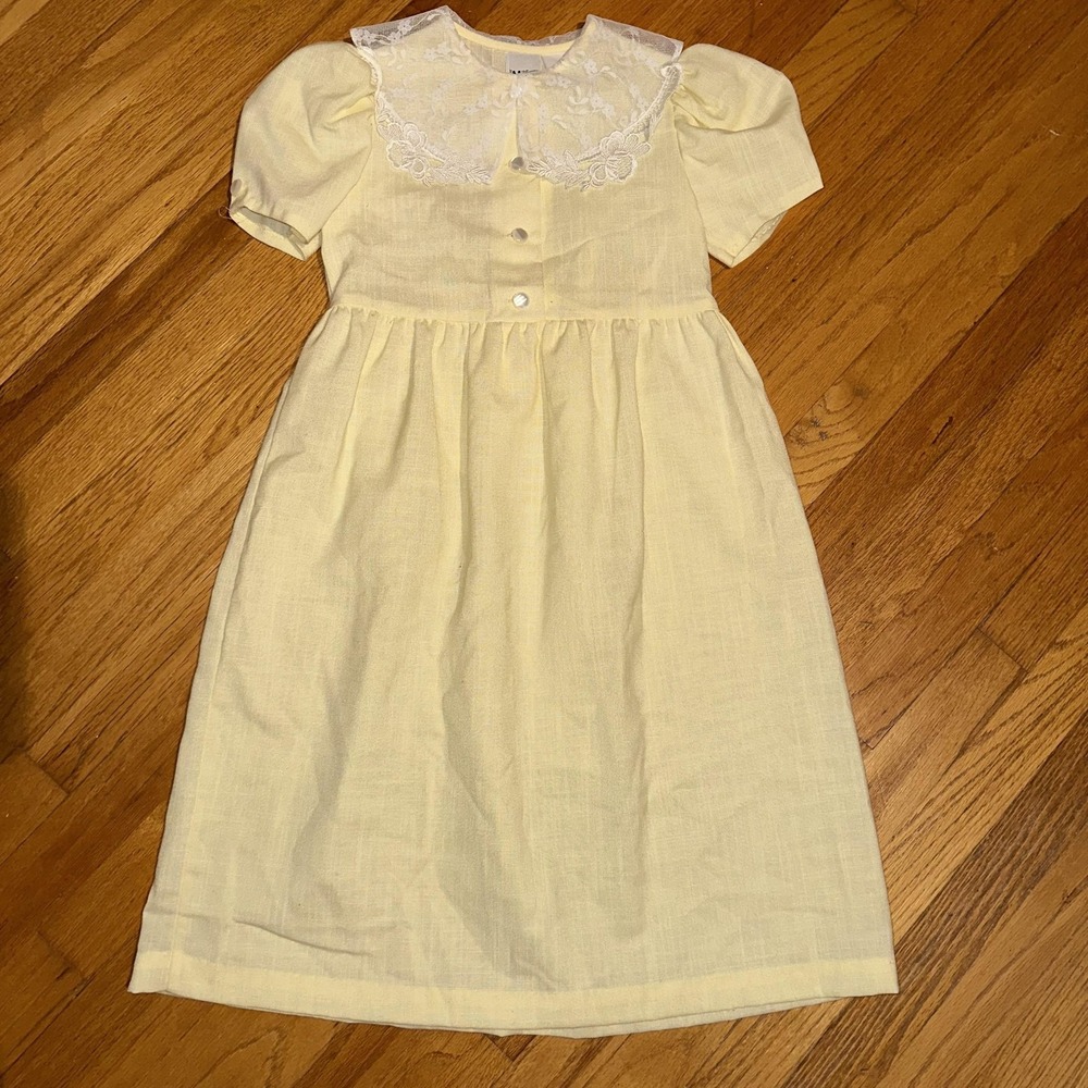 Vintage New Moves‎ Dress Girls 7 Yellow Lace Collar Bow Peter Pan Midi Party USA